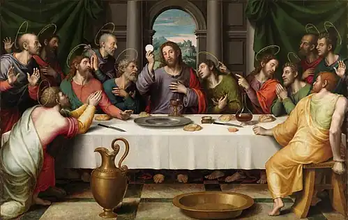 A depiction of the Last Supper. Jesus sits in the centre, his apostles gathered around on either side of him.