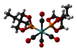Ball-and-stick model of the bis(trimethylolpropane phosphite)molybdenum tetracarbonyl complex