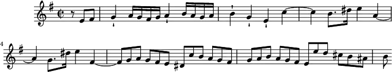 
\version "2.18.2"
\header {
  tagline = ##f
}

\score {
  \new Staff \with {

  }
<<
  \relative c {
    \key e \minor
    \time 2/2
    \set Staff.midiInstrument = #"harpsichord"

     %% SUJET fugue CBT II-8, BWV 876, mi mineur
     \partial 4
     \tuplet 3/2 { r8 e' fis } | g4-! a16 g fis g a4-! b16 a g a | b4-! g-! e-! c'4~ | c b8.*8/9 dis16*4/3 e4 a,~ | a g8.*8/9 dis'16*4/3 e4 fis,~ | \tuplet 3/2 { fis8 g a } \tuplet 3/2 { g[ fis e] } \tuplet 3/2 { dis c' b } \tuplet 3/2 { a[ g fis] } \tuplet 3/2 { g a b } \tuplet 3/2 { a[ g fis] } \tuplet 3/2 { e e' d } \tuplet 3/2 { cis[ b ais] } \tuplet 3/2 { b }
  }
>>
  \layout {
     \context { \Score \remove "Metronome_mark_engraver"
                \override SpacingSpanner.common-shortest-duration = #(ly:make-moment 1/2)
                \override TupletBracket.bracket-visibility = ##f
                \omit TupletNumber
     }
  }
  \midi {}
}
