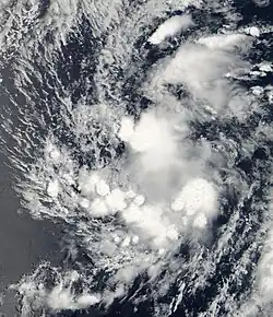 A photograph of a tropical depression over the Eastern Pacific Ocean. The system is severely disorganized, to the point where its cloud pattern consists of amorphous blobs.