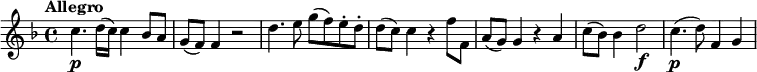 \relative c'' {
\key f \major
\tempo "Allegro"
c4.\p d16 (c) c4 bes8 a g (f) f4 r2 d'4. e8 g (f) e-. d-. d (c) c4 r f8 f, a (g) g4 r a c8 (bes) bes4 d2\f c4.\p (d8) f,4 g
}