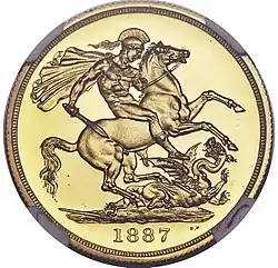 Gold coin showing a naked man, intended to be a knight, battling a dragon