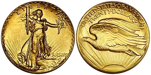 About two dozen of the ultra high relief 1907 double eagles were struck. This specimen sold for just over £2.1 million in 2015.[24]