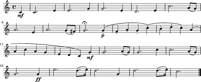 \relative c' {
\key c \major \time 4/4
\partial 4 c\mf
c2. e4 e2. g4 g2. e4 d2. e4 c'2. a8( g) \bar "|" \break
a2. e4 a2. g8( fis) g2.\fermata g4-.\p( f-. a-. g-. c-.)( b-. d-. c-.) a( \bar "|" \break
a c a g e d c) g'\mf g2. a8( g) g2. c4 c2. a8( g) \bar "|" \break
g2. g4\ff e'2. d8.( e16) d2. g,4 d'2. d8.( e16) c2. \bar "|."}