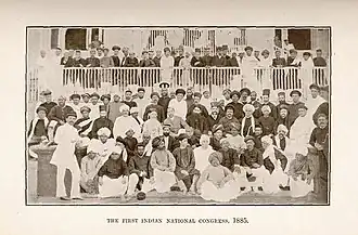 Congress, Bombay, 28 December 1885. Third row (middle) (l. to r.) Dadabhai Naoroji, Hume, W. C. Bonerjee, and Pherozeshah Mehta.