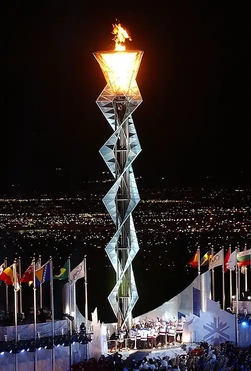 Image 9The Olympic cauldron is lit by the 'Miracle on Ice' 1980 U.S. men's ice hockey team at the opening ceremony of the 2002 Winter Olympics in Salt Lake City (from Utah)