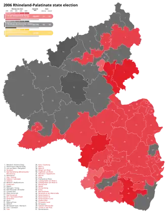 2006 Rhineland-Palatinate state election, Red is SPD, Black is CDU