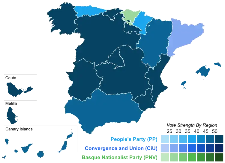 Map of Spain showcasing winning party's strength by autonomous community