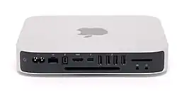 Back panel of a 2012 Mac Mini. From left to right power button, AC power supply plug, Gigabit Ethernet, FireWire 800, HDMI, Thunderbolt/Mini-DisplayPort, USB 3.0 ports, SDXC card slot, audio in, audio out