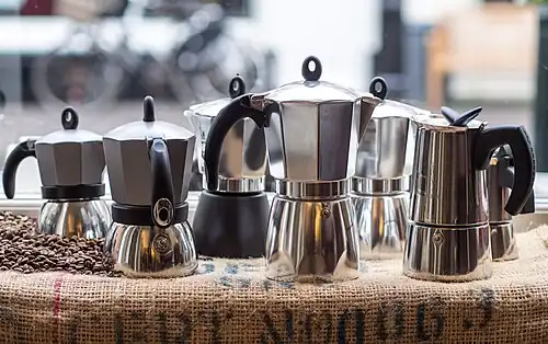 Several models of Bialetti moka pot