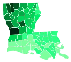 Support for Fleming by parish: &nbsp;&nbsp;>40% &nbsp;&nbsp;35–40% &nbsp;&nbsp;30–35% &nbsp;&nbsp;25–30% &nbsp;&nbsp;20–25% &nbsp;&nbsp;15–20% &nbsp;&nbsp;10–15% &nbsp;&nbsp;5–10% &nbsp;&nbsp;<5%