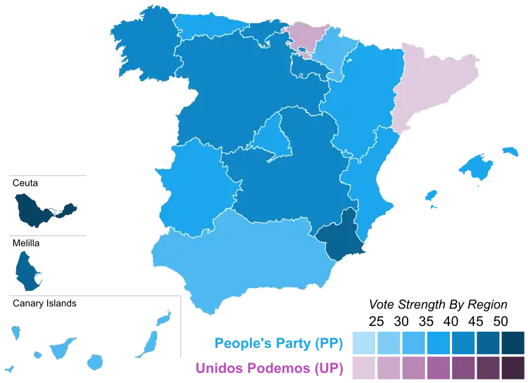 Map of Spain showcasing winning party's strength by autonomous community