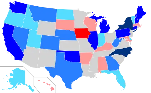 Net changes to upper house seats after the 2018 elections &nbsp;&nbsp;&nbsp;&nbsp;&nbsp;+1 Dem seat &nbsp;&nbsp;&nbsp;&nbsp;&nbsp;+2 Dem seats &nbsp;&nbsp;&nbsp;&nbsp;&nbsp;+3–5 Dem seats &nbsp;&nbsp;&nbsp;&nbsp;&nbsp;+6–8 Dem seats &nbsp;&nbsp;&nbsp;&nbsp;&nbsp;+1 Rep seat &nbsp;&nbsp;&nbsp;&nbsp;&nbsp;+3 Rep seats