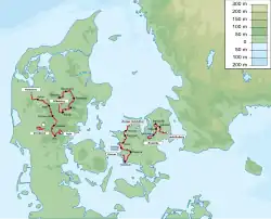Map of Denmark with five routes
