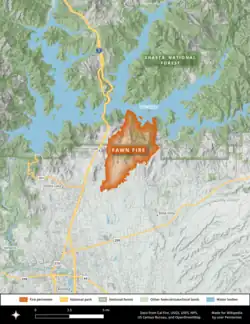 The footprint of the Fawn Fire, north of Redding and south of Lake Shasta