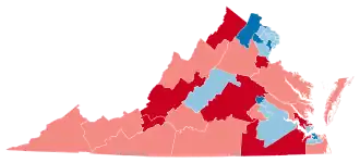 A map of Virginia showing the results of the 2023 Virginia Senate election, with Republican districts in red and Democratic districts in blue, with heavier shading showing which changed parties.