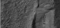 Small, well-formed alluvial fan, as seen by HiRISE under HiWish program. Location of this fan is shown in an image displayed above.