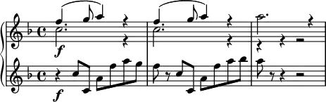 
{
  \new PianoStaff <<
    \new Staff \relative e'' {
      \set Staff.midiInstrument = #"flute" \key f \major \clef treble \time 4/4 \set Score.tempoHideNote = ##t \tempo 4 = 120
      <<
        {
          \voiceOne \stemDown c2. \f r4 | % 2
          c2. r4 | % 3
          a'2. r4
        }
        \new Voice {
          \voiceTwo \stemUp f4. ^( g8 a4 ) r4 | % 2
          f4. ^( g8 a4 ) r4 | % 3
          r4 r4 r2
        }
      >> \oneVoice
    }
    \new Staff \relative c'' {
      \set Staff.midiInstrument = #"string ensemble 1" \key f \major \clef treble \time 4/4
      r4 \f c8 c,8 a'8 f'8 a8 g8 | % 2
      f8 r8 c8 c,8 a'8 f'8 a8 bes8 | % 3
      a8 r8 r4 r2
    }
  >>
}
