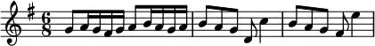  {
#(set-global-staff-size 18)
\set Score.currentBarNumber = #1
\bar ""
\key g \major \time 6/8 
\relative c'' { 
   \clef treble
   g8 a16 g fis g a8 b16 a g a
   b8 a g d c'4
   b8 a g fis e'4
} }
