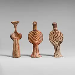 Three female figures; 1400-1300 BC; terracotta; heights: 10.8&nbsp;cm, 10.8&nbsp;cm and 10.5&nbsp;cm; Metropolitan Museum of Art (New York City)