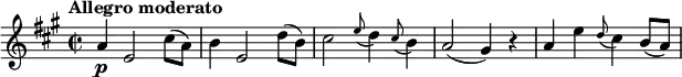 \relative c'' {
\tempo "Allegro moderato"
\key a \major
\time 2/2
a4\p e2 cis'8( a) |
b4 e,2 d'8( b) |
cis2 \appoggiatura e8 d4 \appoggiatura cis8 b4 |
a2( gis4) r |
a4 e' \appoggiatura d8 cis4 b8( a) |
}