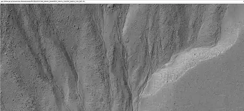 Close-up of small channels in gullies in Arkhangelsky Crater, as seen by HiRISE under HiWish program Patterned ground in the shape of polygons can be seen to the right. Note: this is an enlargement of the previous image from Arkhangelsky Crater.