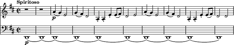 
<<
  \new Staff 
\relative a' 
{ 
\key d \major
\time 2/2 
\tempo "Spiritoso"
\tempo 4 = 230
\clef treble 
r1
r1
a4\p (g4) e2
g4 (fis4) d2
a4\staccato a\staccato e'\staccato e8 (fis8)
d2 e2
a4 (g4) e2
g4 (fis4) d2
a4\staccato a\staccato e'\staccato e8 (fis8)
d2 d2
}
  \new Staff 
\relative a 
{
\key d \major
 \clef bass 
d,,1\p
(d1)
(d1)
(d1)
(d1)
(d1)
(d1)
(d1)
(d1)
(d1)}
>>
