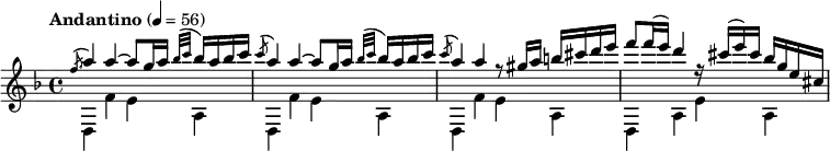 \relative c' \new Staff {
\key d \minor \clef treble \tempo "Andantino" 4 = 56
\set Staff.midiInstrument = "guitar"
\time 4/4
<<
\new Voice = "melody"
{\voiceOne \acciaccatura f'8\glissando a4 a ~ a8 g16 a \grace {(bes32 c} bes16) a bes c \acciaccatura c8 a4 a ~ a8 g16 a \grace {(bes32 c} bes16) a bes c \acciaccatura c8 a4 a r8 gis16 a b cis d e f8 f16 (e) d4 r16 cis (e) cis bes g e cis}
\new Voice = "bass"
{\voiceTwo d,,4 f' e a, d,4 f' e a, d,4 f' e a, d,4 a' e' a,}
>>
}