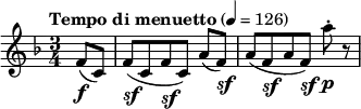 
\new Score {
  \new Staff {
    \relative c' {
      \time 3/4
      \key f \major
      \clef treble
      \tempo "Tempo di menuetto" 4 = 126
      \partial 4 f8_\markup {
  \dynamic f \italic \hspace #0.1
} (c)
      f8[_\markup {
  \dynamic sf \italic \hspace #0.1
} (c f_\markup {
  \dynamic sf \italic \hspace #0.1
}  c]) a'(f_\markup {
  \dynamic sf \italic \hspace #0.1
} )
      a[( f_\markup { 
  \dynamic sf \italic \hspace #0.1 
} a f]_\markup {
  \dynamic sf \italic \hspace #0.1
} ) a'-._\markup {
  \dynamic p \italic \hspace #0.1
}  r8
    }
  }
}
