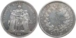 Silver coin: 5 francs of France, 1876, released under President Patrice de MacMahon