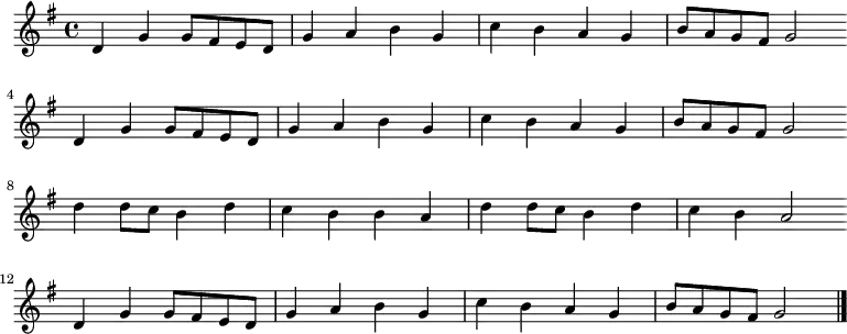 \new Staff <<
\clef treble \key g \major {
\time 4/4 \partial 1
\relative g' {
d4 g g8 fis e d | g4 a b g | c4 b a g | b8 a g fis g2 \bar"" \break
d4 g g8 fis e d | g4 a b g | c4 b a g | b8 a g fis g2 \bar"" \break
d'4 d8 c b4 d | c4 b b a | d4 d8 c b4 d | c4 b a2 \bar"" \break
d,4 g g8 fis e d | g4 a b g | c4 b a g | b8 a g fis g2 \bar"|."
}
}
%\new Lyrics \lyricmode {
%}
>>
\layout { indent = #0 }
\midi { \tempo 4 = 86 }