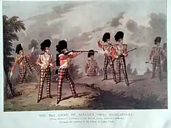 Seven soldiers in action, in red tartan trews, with red coats and black feather bonnets, and one with a tartan shoulder plaid; most have rifles