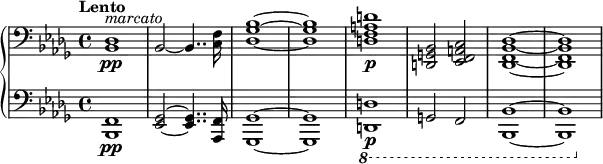  \new PianoStaff <<
  \new Staff \relative c {
    \clef bass \key bes \minor \time 4/4 \tempo "Lento" \set Staff.midiInstrument = #"trombone"
    <des bes>1-\pp^\markup { \italic "marcato" }
    \once \override Staff.TimeSignature #'stencil = ##f \time 33/32 % just to make the 16th note sound more consistent
    bes2~bes4.. <f' c>16*3/2
    \once \override Staff.TimeSignature #'stencil = ##f \time 4/4
    <bes ges des>1~q
    <d a f d>1-\p <bes, g d>2 <c a f ees> <des bes f des>1~q
  }
  \new Staff \relative c, {
    \clef bass \key bes \minor \time 4/4 \set Staff.midiInstrument = #"trombone"
    <f bes,>1-\pp
    \once \override Staff.TimeSignature #'stencil = ##f \time 33/32 % just to make the 16th note sound more consistent
    <ges ees>2~q4.. <f aes,>16*3/2
    \once \override Staff.TimeSignature #'stencil = ##f \time 4/4
    <ges ges,>1~q
    \ottava #-1 <d d,>1-\p g,2 f <bes bes,>1~q
  }
>> 
