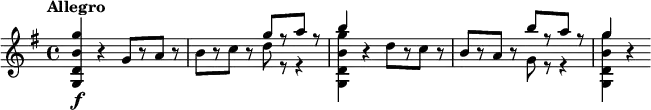 
\relative c''' {
  \tempo "Allegro"
  \key g \major
  <g b, d, g,>4\f r g,8[ r a] r |
  b8[ r c] r
     << { g'8[ r a] r | b4 } \\ { d,8 r r4 | <g b, d, g,>4 } >>
  r4 d8[ r c] r |
  b8[ r a] r
     << { b'8[ r a] r | g4 } \\ { g,8 r r4 | <g' b, d, g,>4 } >>
  r4
}
