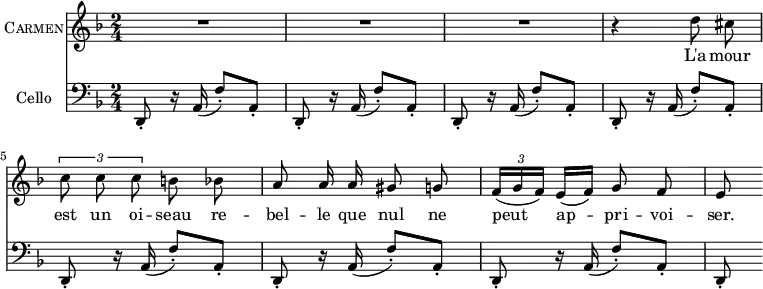 
\header { 
  tagline = ""  % removed 
} 
\score {
  <<
    \new Voice = "Carmen" {
      \set Staff.vocalName = \markup \smallCaps Carmen
      \clef treble \time 2/4 \key d \minor
      R2 R2 R2
      \relative d'' { \autoBeamOff
        r4 d8 cis \tupletUp \times 2/3 { c c c } b bes
        a8 a16 a gis8 g \autoBeamOn \times 2/3 { f16( g f) } e[( f)] \autoBeamOff g8 f
        e8 \autoBeamOn
      }
    }
    \new Lyrics \lyricsto Carmen { L'a -- mour est un oi -- seau re -- bel -- le que nul ne peut ap -- pri -- voi -- ser. }
    \new Staff {
      \set Staff.instrumentName = "Cello"
      \clef bass \time 2/4 \key d \minor
      {
        d,8-. r16 a,( f8-.) a,-. 
        d,8-. r16 a,( f8-.) a,-.  d,8-. r16 a,( f8-.) a,-. 
        d,8-. r16 a,( f8-.) a,-.  d,8-. r16 a,( f8-.) a,-. 
        d,8-. r16 a,( f8-.) a,-.  d,8-. r16 a,( f8-.) a,-. 
        d,8-.
      }
    }
  >>
}
