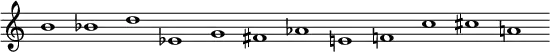 
{
\override Score.TimeSignature #'stencil = ##f
\override Score.SpacingSpanner.strict-note-spacing = ##t
  \set Score.proportionalNotationDuration = #(ly:make-moment 3/2)
    \relative c'' {
        \cadenzaOn
        b1 bes d
        es, g fis
        aes e f
        c' cis a
    }
}
