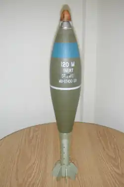 120&nbsp;mm HE mortar shell fitted with M734 proximity fuze