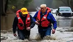 Two men, one resembling Donald Trump, wading through floodwaters