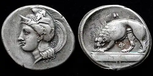 Stater struck in Velia 334–300&nbsp;BC, Athena wearing a Phrygian helmet decorated with a Centaur, Lion devouring prey