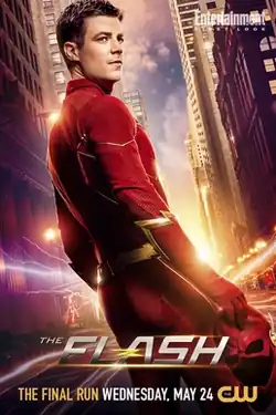 Barry Allen looking over his shoulder, text reading "The Flash, the final run, Wednesday May 24, The CW"