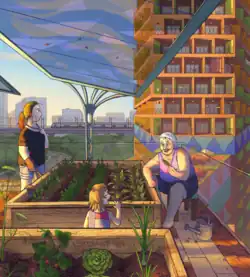 Rooftop community gardens are a common theme in solarpunk art[19][20]