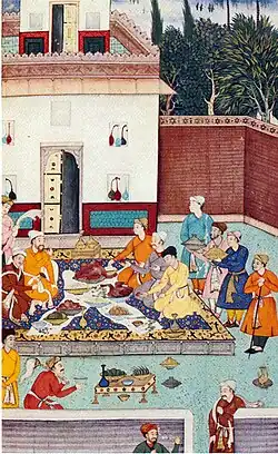 A banquet including roast goose given for Babur by the Mirzas in 1507 (miniature c. 1590)