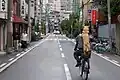 A Shiba dog riding a bicycle with their owner