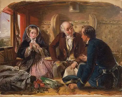 Painting shows a first class railway carriage. A young man and an older man talk as a young woman looks on.