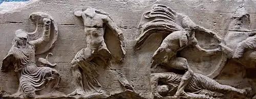 Damaged engravings of a battle scene