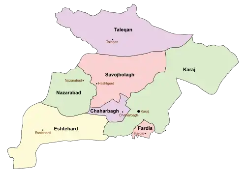 Location of Taleqan County in&nbsp;Alborz&nbsp;province (top, purple)