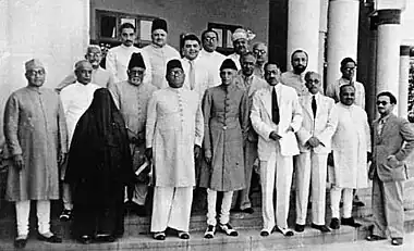 Muhammad Ali Jinnah, the founder of Pakistan, center, and Liaquat Ali Khan, its first prime minister, extreme left, both in churidars, at the All-India Muslim League Working Committee meeting in Lahore, March 1940