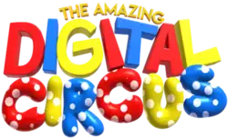The words "The Amazing Digital Circus" depicted in red, yellow, and blue colours. The word "Circus" has white dots on each letter.