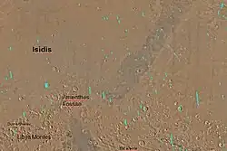 Map of Amenthes quadrangle. The northwest part is the large impact basin Isidis. The crater Escalante sits right on the equator.
