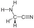 Stereo, skeletal formula of aminoacetonitrile with all implicit carbons shown, and all explicit hydrogens added